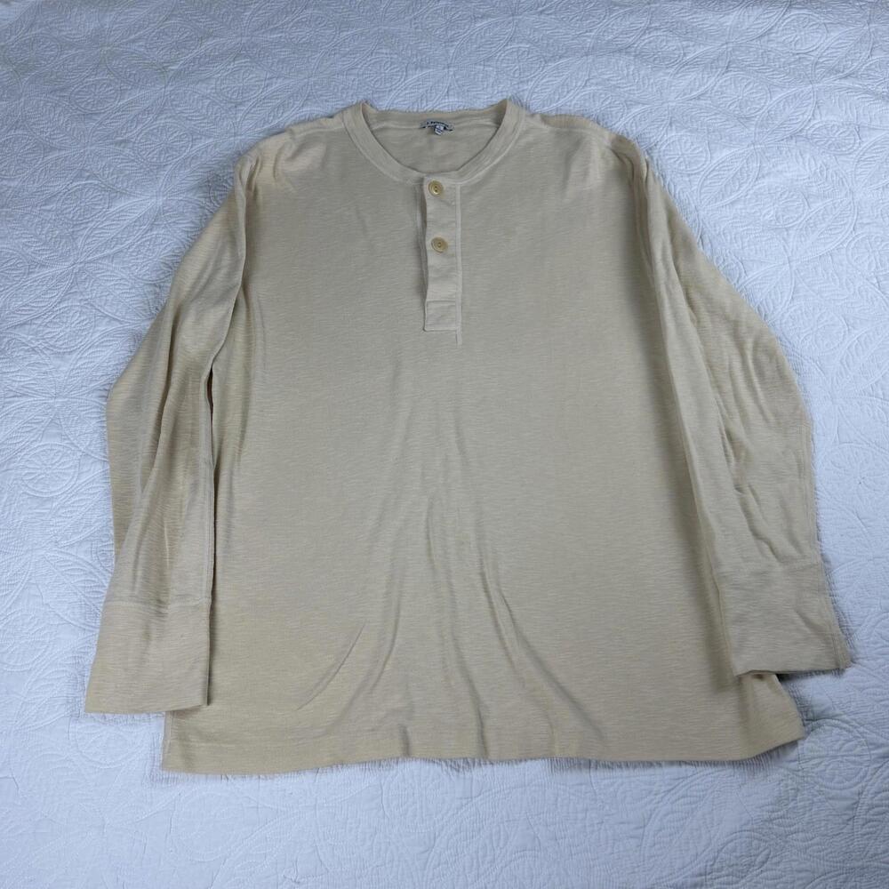 J Peterman Shirt Mens Large Beige Henley Button Up Minimalist Cotton Adult